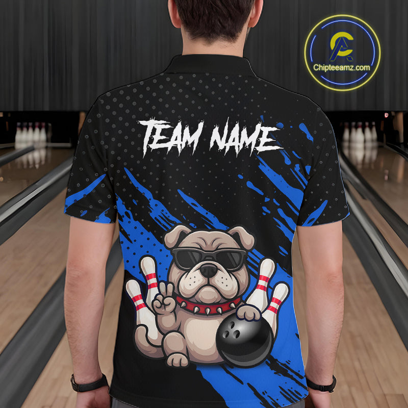 Men’s blue Bulldog bowling polo shirt, back view on male model in bowling lane 