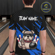 Load image into Gallery viewer, Men’s blue Bulldog bowling polo shirt, back view on male model in bowling lane 