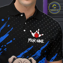 Load image into Gallery viewer, Men’s blue Bulldog bowling polo shirt with custom name, angled front view showing custom team design 