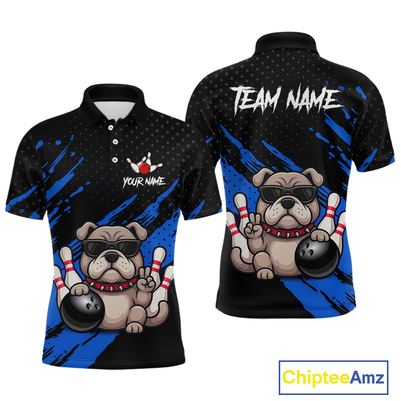 Custom blue funny bulldog bowling jersey for men, personalized team bowling polo shirt front view and back view.