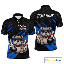 Load image into Gallery viewer, Custom blue funny bulldog bowling jersey for men, personalized team bowling polo shirt front view and back view.