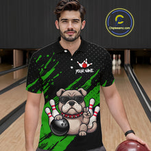 Load image into Gallery viewer, Men’s green Bulldog bowling polo shirt, front view on male model in bowling lane 