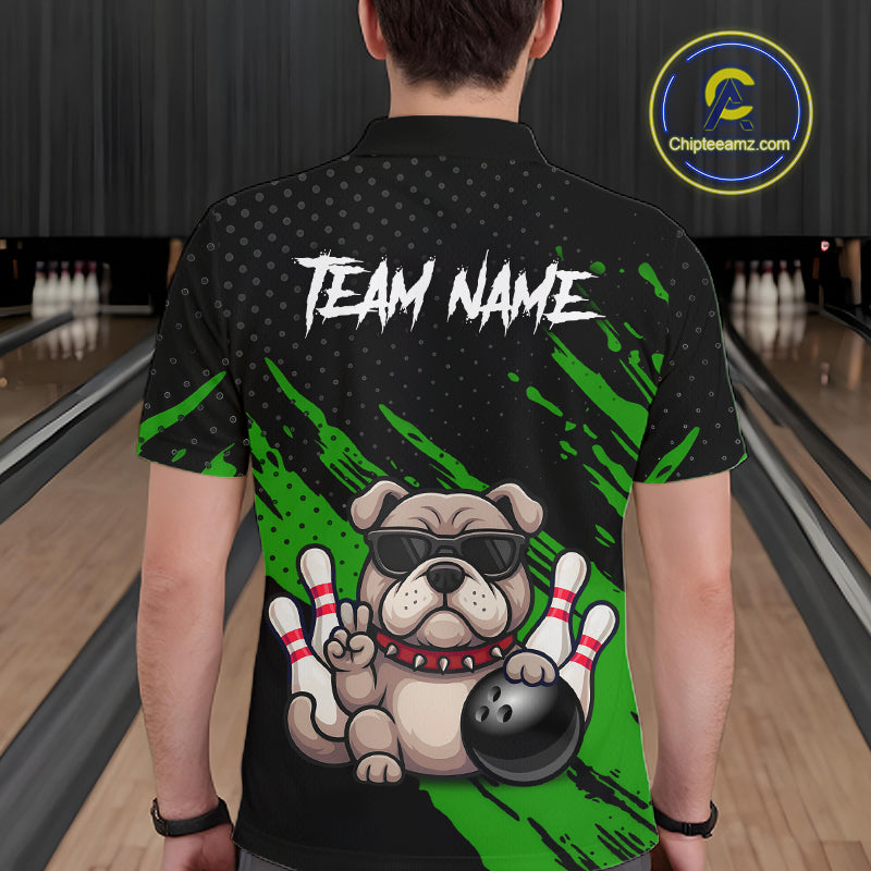 Men’s green Bulldog bowling polo shirt, back view on male model in bowling lane 