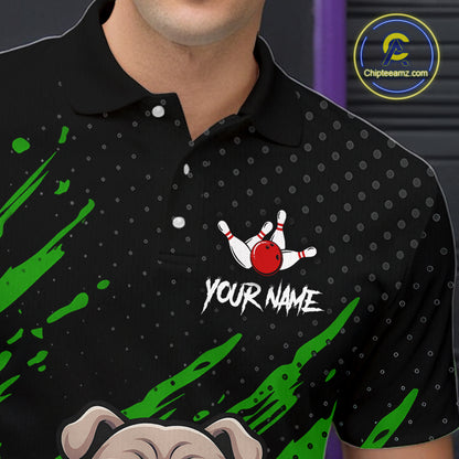 Men’s green Bulldog  bowling polo shirt with custom name, angled front view showing custom team design 