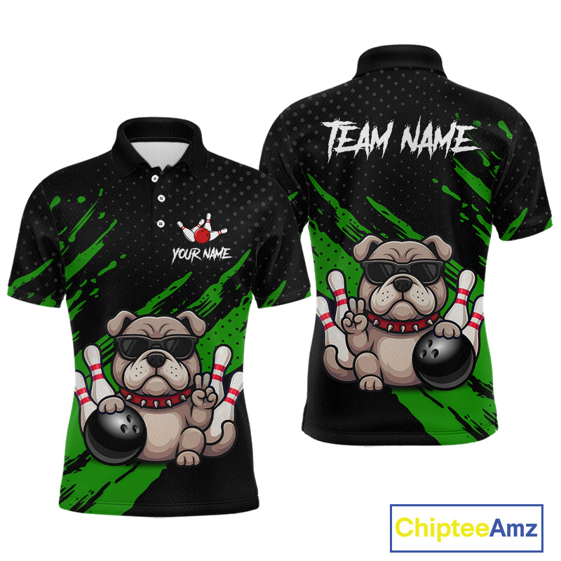 Custom green funny bulldog bowling jersey for men, personalized team bowling polo shirt front view and back view.