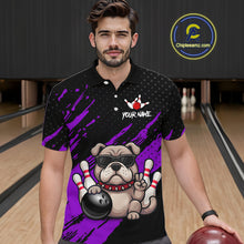 Load image into Gallery viewer, Men’s purple Bulldog bowling polo shirt, front view on male model in bowling lane 