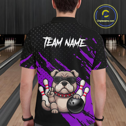 Men’s purple Bulldog bowling polo shirt, back view on male model in bowling lane 