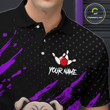 Load image into Gallery viewer, Men’s purple Bulldog bowling polo shirt with custom name, angled front view showing custom team design 