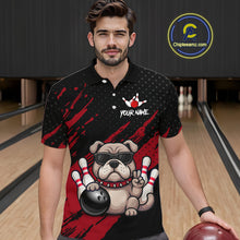 Load image into Gallery viewer, Men’s red Bulldog bowling polo shirt, front view on male model in bowling lane 