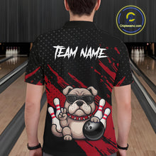 Load image into Gallery viewer, Men’s red Bulldog bowling polo shirt, back view on male model in bowling lane 