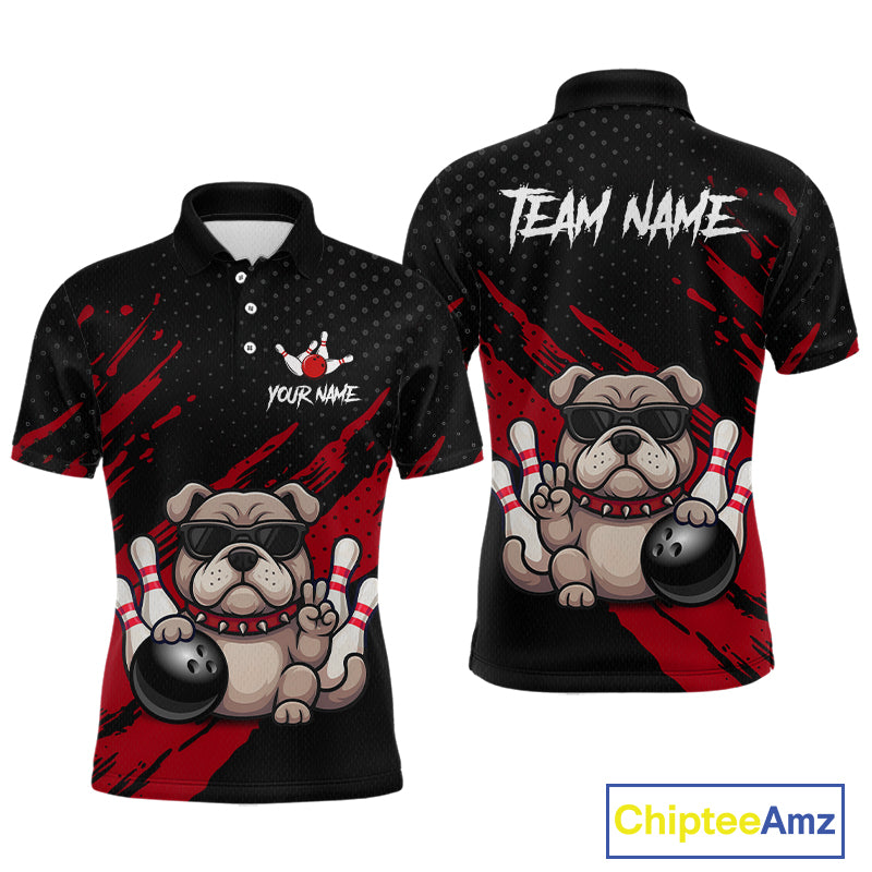 Custom red funny bulldog bowling jersey for men, personalized team bowling polo shirt front view and back view.