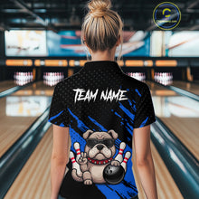 Load image into Gallery viewer, Women’s blue Bulldog bowling quarter zip shirt, back view on female model in bowling lane 