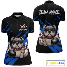 Load image into Gallery viewer, Custom blue funny bulldog bowling jersey for women, personalized team bowling quarter zip shirt front view and back view.
