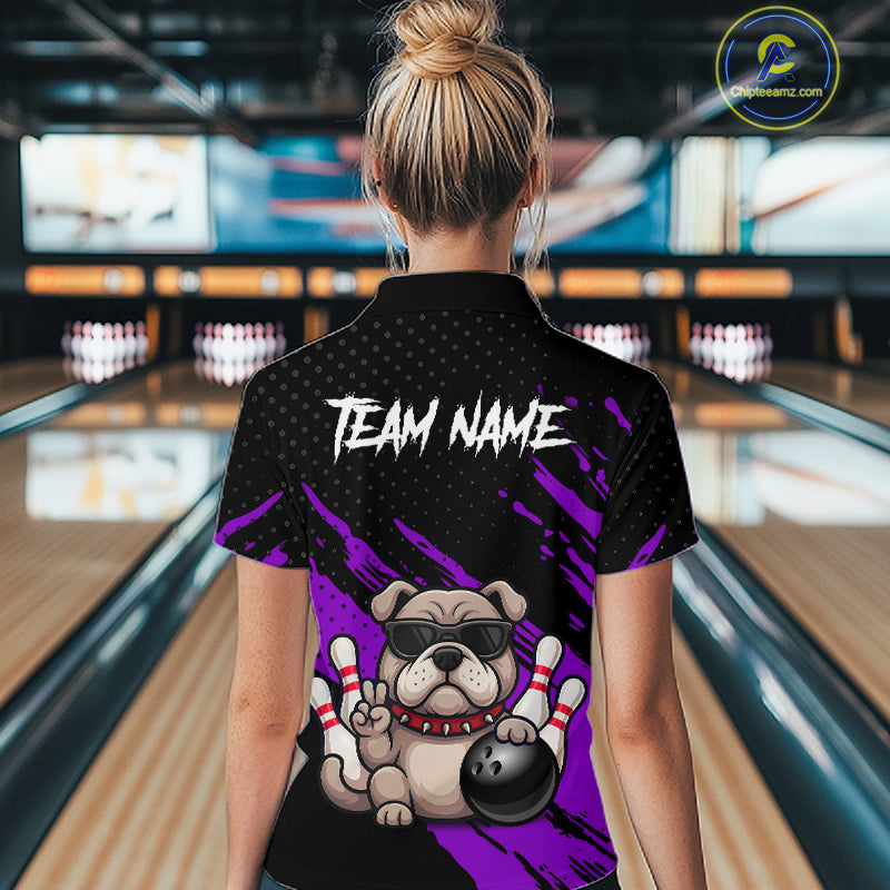 Women’s purple Bulldog bowling polo shirt, back view on female model in bowling lane 