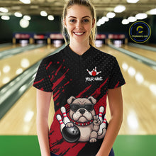 Load image into Gallery viewer, Women’s red Bulldog bowling quarter zip shirt, front view on female model in bowling lane 