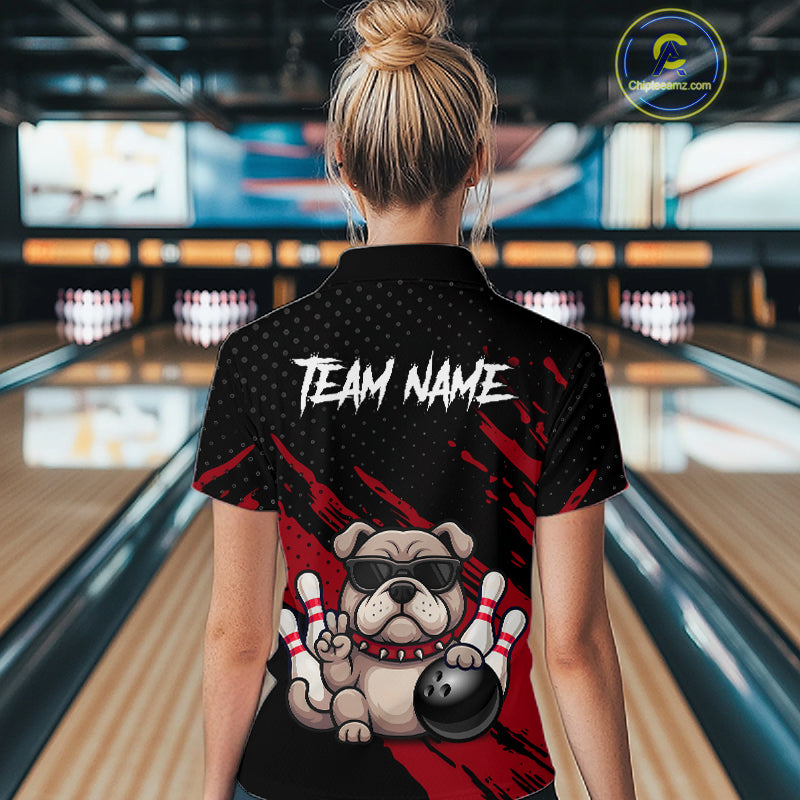 Women’s red Bulldog bowling quarter zip shirt, back view on female model in bowling lane 
