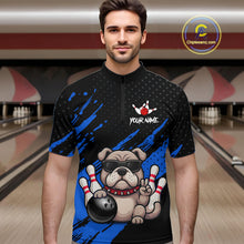 Load image into Gallery viewer, Men’s blue Bulldog bowling quarter zip shirt, front view on male model in bowling lane 