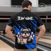 Load image into Gallery viewer, Men’s blue Bulldog bowling quarter zip shirt, back view on male model in bowling lane 