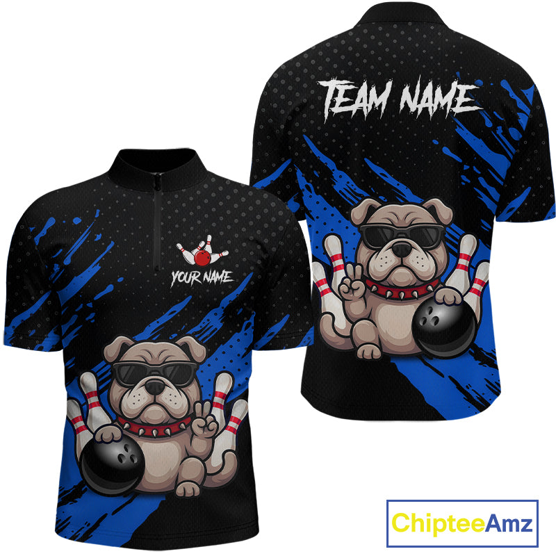 Custom blue funny bulldog bowling jersey for men, personalized team bowling quarter zip shirt front view and back view.