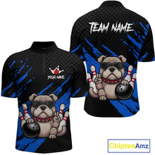 Load image into Gallery viewer, Custom blue funny bulldog bowling jersey for men, personalized team bowling quarter zip shirt front view and back view.