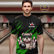Load image into Gallery viewer, Men’s green Bulldog bowling quarter zip shirt, front view on male model in bowling lane 