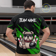 Load image into Gallery viewer, Men’s green Bulldog bowling quarter zip shirt, back view on male model in bowling lane 