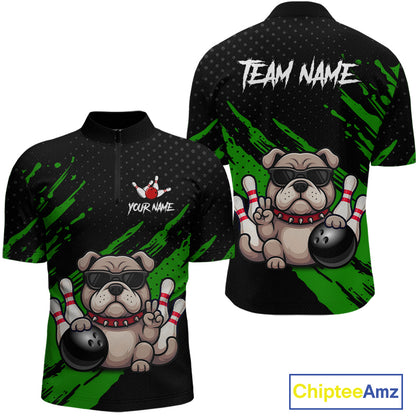 Custom green funny bulldog bowling jersey for men, personalized team bowling quarter zip shirt front view and back view.