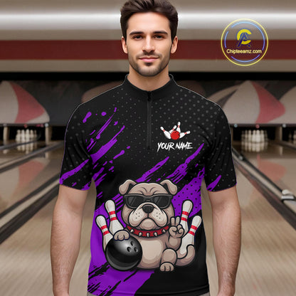 Men’s purple Bulldog bowling quarter zip shirt, front view on male model in bowling lane 