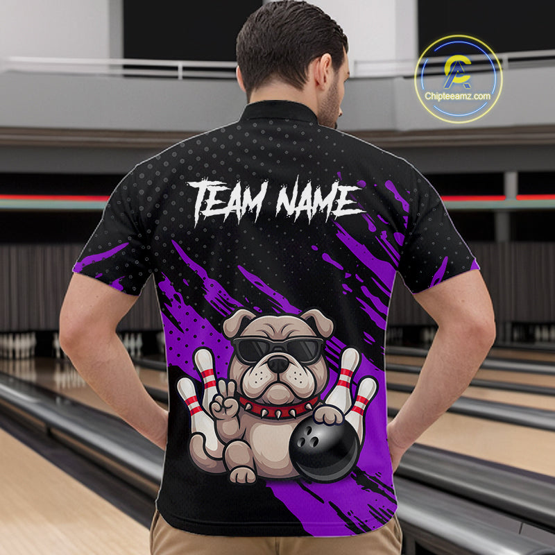 Men’s purple Bulldog bowling quarter zip shirt, back view on male model in bowling lane 