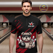 Load image into Gallery viewer, Men’s blue Bulldog bowling quarter zip shirt, front view on male model in bowling lane