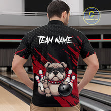 Load image into Gallery viewer, Men’s blue Bulldog bowling quarter zip shirt, back view on male model in bowling lane