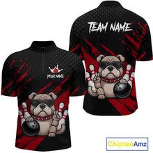 Load image into Gallery viewer, Custom red funny bulldog bowling jersey for men, personalized team bowling quarter zip shirt front view and back view.