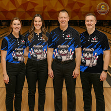 Load image into Gallery viewer, Group of bowlers in blue Bulldog team shirts, personalized bowling uniforms front view.