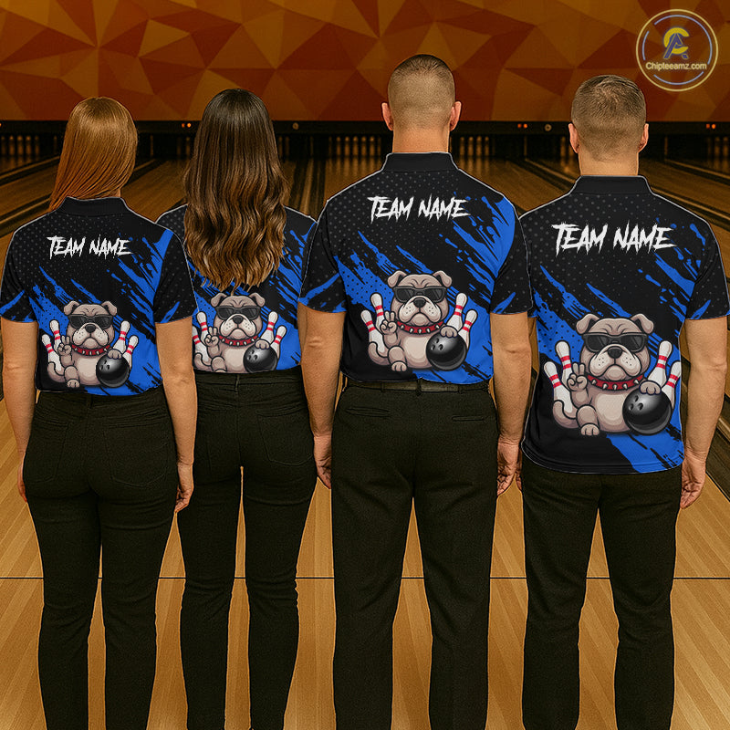 Group of bowlers in blue Bulldog team shirts, personalized bowling uniforms back view.