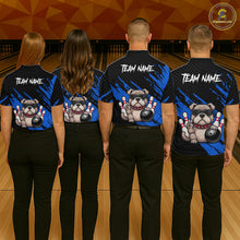 Load image into Gallery viewer, Group of bowlers in blue Bulldog team shirts, personalized bowling uniforms back view.