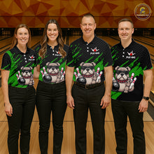 Load image into Gallery viewer, Group of bowlers in green Bulldog team shirts, personalized bowling uniforms front view.