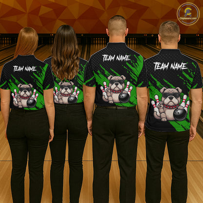 Group of bowlers in green Bulldog team shirts, personalized bowling uniforms back view.