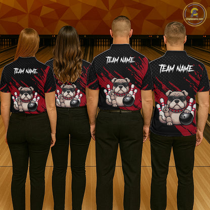 Group of bowlers in red Bulldog team shirts, personalized bowling uniforms back view.
