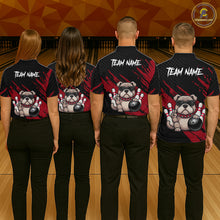 Load image into Gallery viewer, Group of bowlers in red Bulldog team shirts, personalized bowling uniforms back view.
