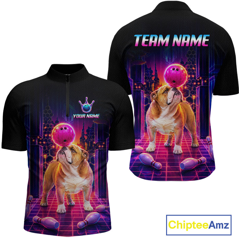 Men’s retro Bulldog neon synthwave bowling quarter zip shirt with custom name, front view on white background.