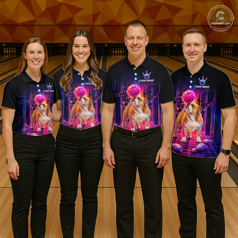 Group of bowlers in Bulldog neon synthwave team shirts, personalized bowling uniforms front view.