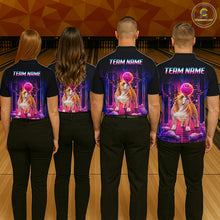Load image into Gallery viewer, Group of bowlers in Bulldog neon synthwave team shirts, personalized bowling uniforms back view.