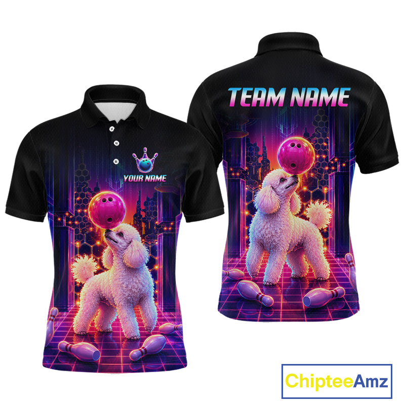 Men’s retro Poodle Dog neon synthwave bowling polo shirt with custom name, front view on white background.