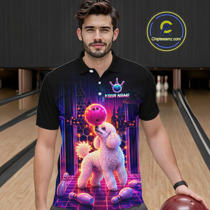 Men’s retro Poodle Dog neon synthwave bowling polo shirt, front view on male model in bowling lane 