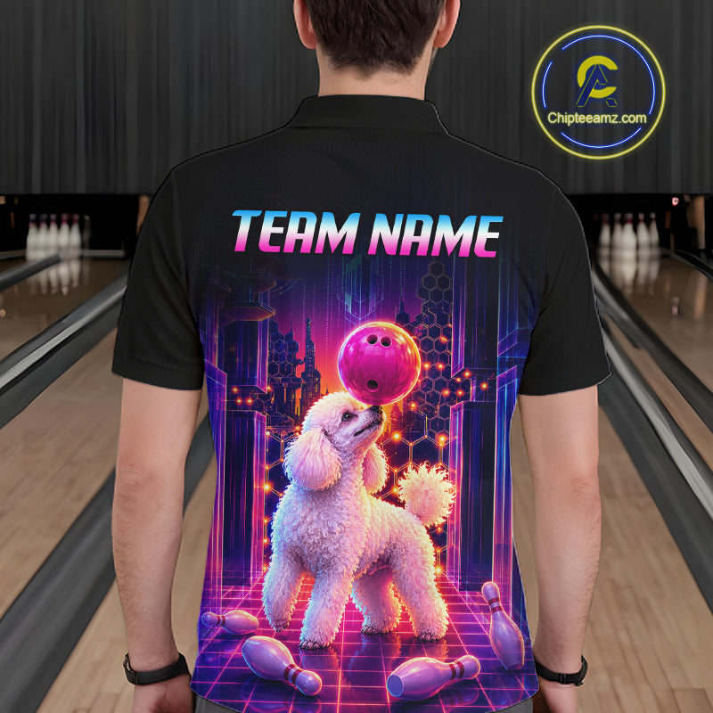 Men’s retro Poodle Dog neon synthwave bowling polo shirt, back view on male model in bowling lane 