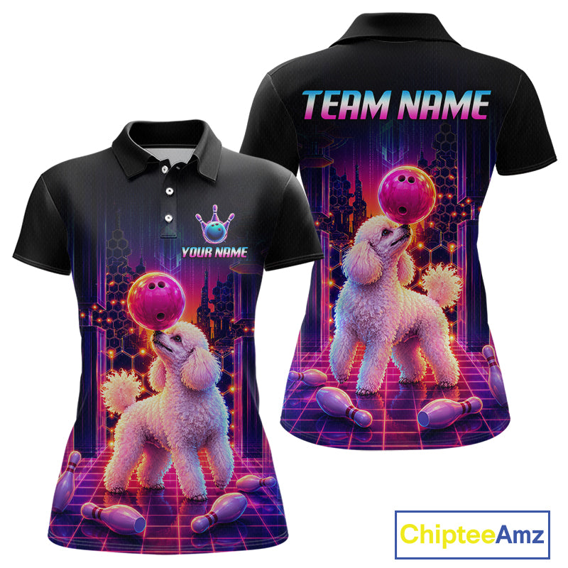 Women’s retro Poodle Dog neon synthwave bowling polo shirt with custom name, front view on white background.