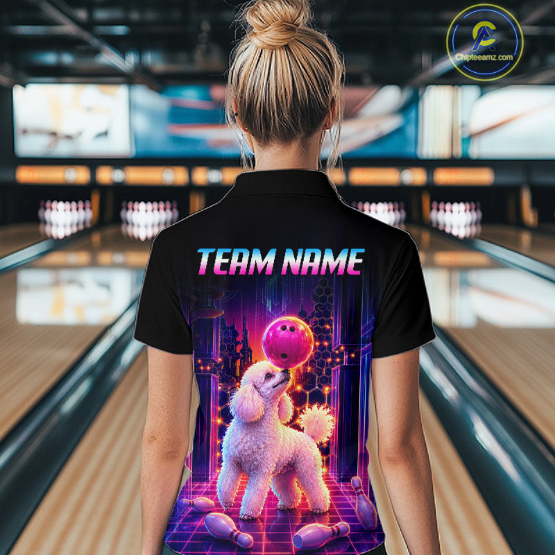 Women’s retro Poodle Dog neon synthwave bowling polo shirt, back view on female model in bowling lane 