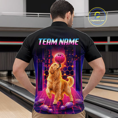Men’s retro Golden Retriever Dog neon synthwave bowling quarter zip shirt, back view on male model in bowling lane 