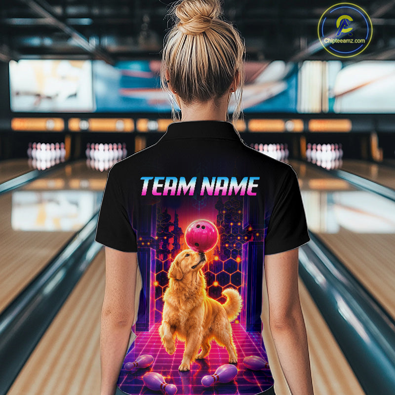 Women’s retro Golden Retriever Dog neon synthwave bowling quarter zip shirt, back view on female model