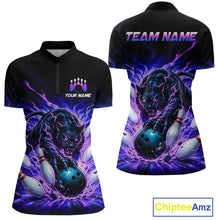 Load image into Gallery viewer, Black bowling shirt with panther design on front and back, customizable text areas, and Chiptee Amz branding.